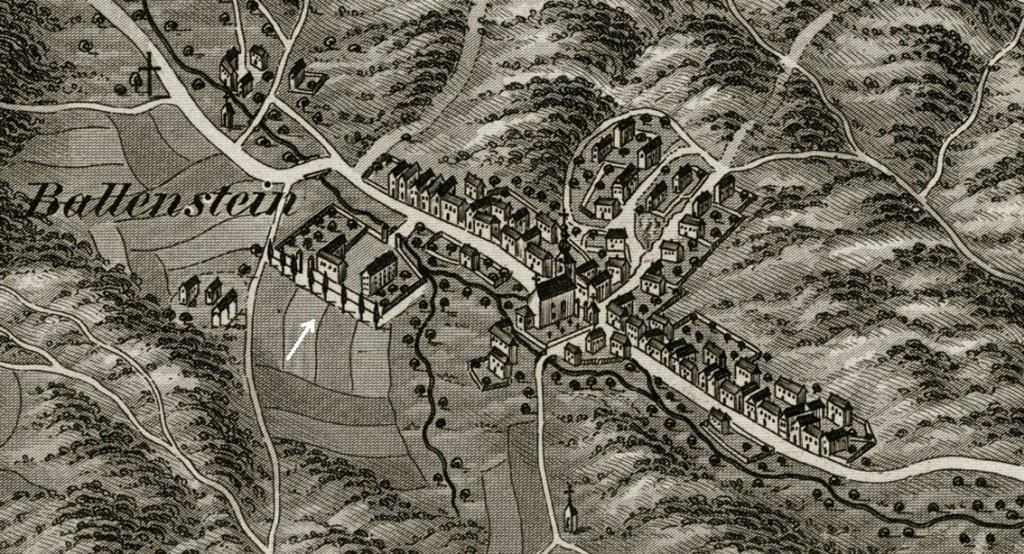 Mapa Borinky z polovice 19, storočia, šípkou je označený objekt prachárne. Umiestnenie objektov na mape nezodpovedá celkom skutočnosti.
